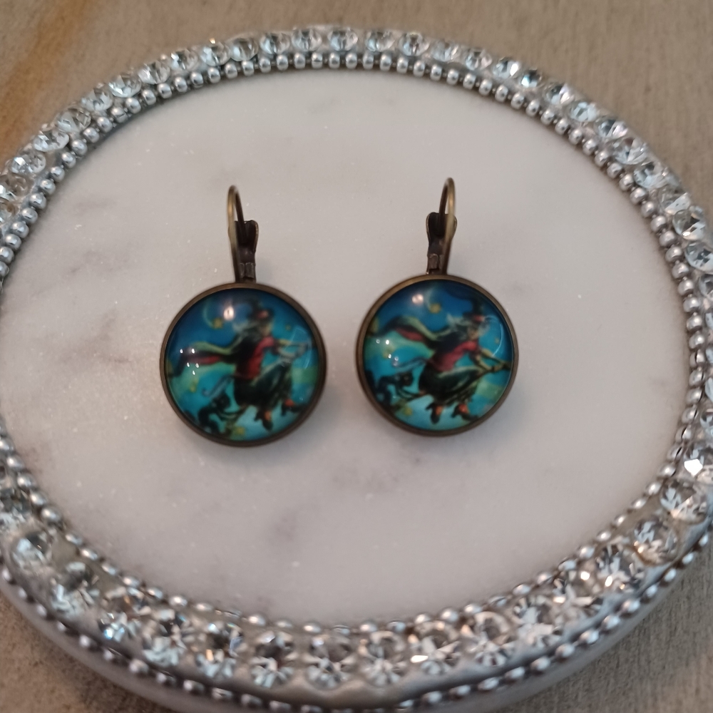 Blue Flying Witch & Cat Glass Cabochon Drop Earrings